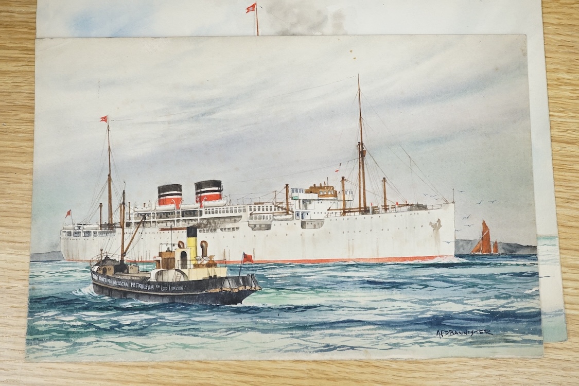 A F D Bannister, set of six original watercolours for postcard designs, Ocean going vessels to include Otranto, Orient Line, Highland Monarch Royal Mail Line and Arandora Star Blue Star Line, each with original pencil in